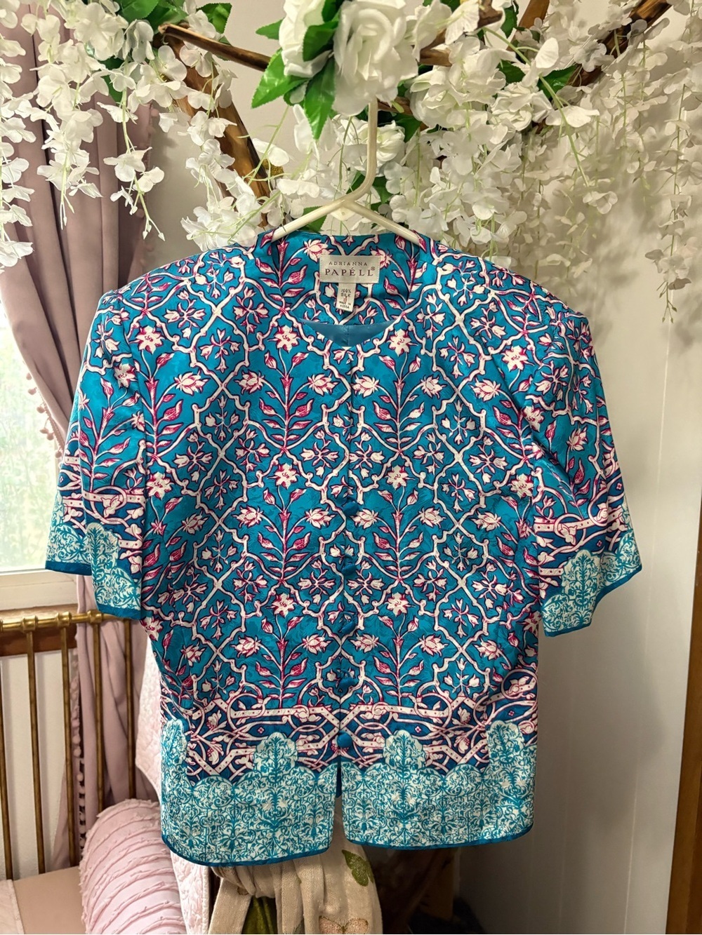 Adrianna Papell Turquoise Floral Silk Top with Pink & White Accents